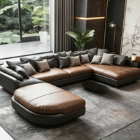 Canapé d'angle modulaire en cuir en forme de L, en bois massif, bicolore, pour salon de villa, mobilier de maison moderne de luxe léger