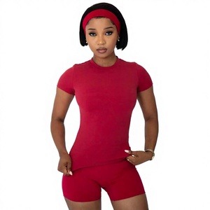 Conjunto de Yoga de 2 Piezas para Mujer, Sólido, Transpirable, de Secado Rápido, Manga Corta, Cintura Elástica Alta, Efecto Push-Up, Nylon - Product Image 1