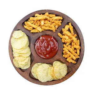 Party Food Grade Cheese Appetizer Fruit Snack Platter 5 Compartment Chips And Dip Divided Tray Teak Wooden Serving Dish For Home