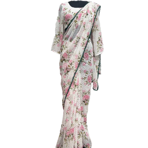 Sari en soie blanc élégant à imprimé floral numérique avec bordure verte pour les occasions de mariage, sari traditionnel pour femmes, longueur au sol - Product Image 1
