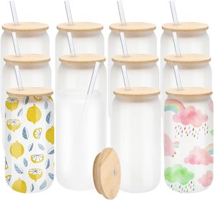 Vaso de Vidrio Borosilicato Transparente Esmerilado de 16 oz, con Diseño de Rayas Sublimadas, con Tapa de Bambú, para Jugo, Refresco, Café Helado y Más - Product Image 1