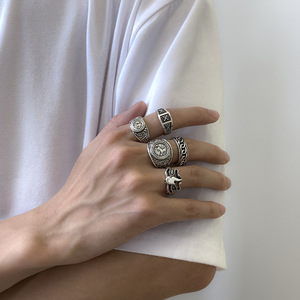 5 Pçs/set <span class=keywords><strong>Goth</strong></span> Totem Cavalo Chama Antique Silver Color <span class=keywords><strong>Ring</strong></span> Set para Homens Unisex Punk Esculpido Knuckle Masculino Jóias Acessórios (RG271) - Product Image 1