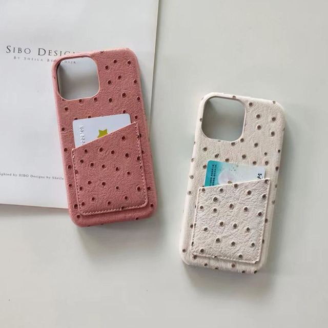 Designer Premium Ostrich Pattern Leather Cell Phone Cases With Sliding Credit Card Holder Slot for Iphone 13 14 15 16 17Pro Max