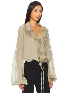 Chemisier en mousseline de soie unie à dentelle pour femme, style vintage doux, printemps, ODM, fin, coupe décontractée, transparent, Y2K, sexy, à volants, col en V, manches courtes - Product Image 2