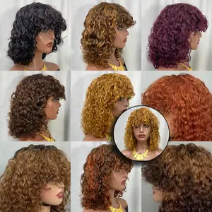 Wig pinggiran pendek Brazil murah Wig non-renda rambut manusia gelombang air Wig tanpa lem mesin kain untuk WANITA HITAM grosir