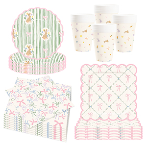 DAMAI Nuevo Juego de Vajilla Desechable Personalizado con Temática Rosa y Verde, Plato de Papel, Servilleta de Papel, Mantel con Lazo para Cumpleaños - Product Image 3