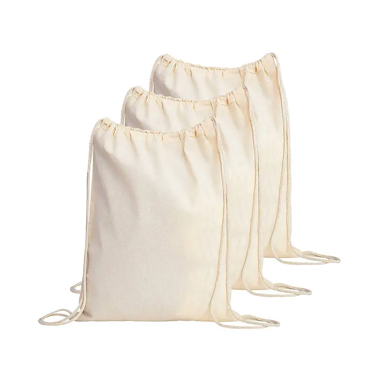 Sac à dos recyclable et réutilisable en toile de coton naturel pour salle de fitness avec cordon de serrage, logo personnalisé