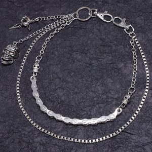 yueli Double Layered Metal Pants Chain With <b>Skull</b> And Cross Pendant Tibetan Silver Waist Chain For Hip Hop Casual Style - Product Image 2