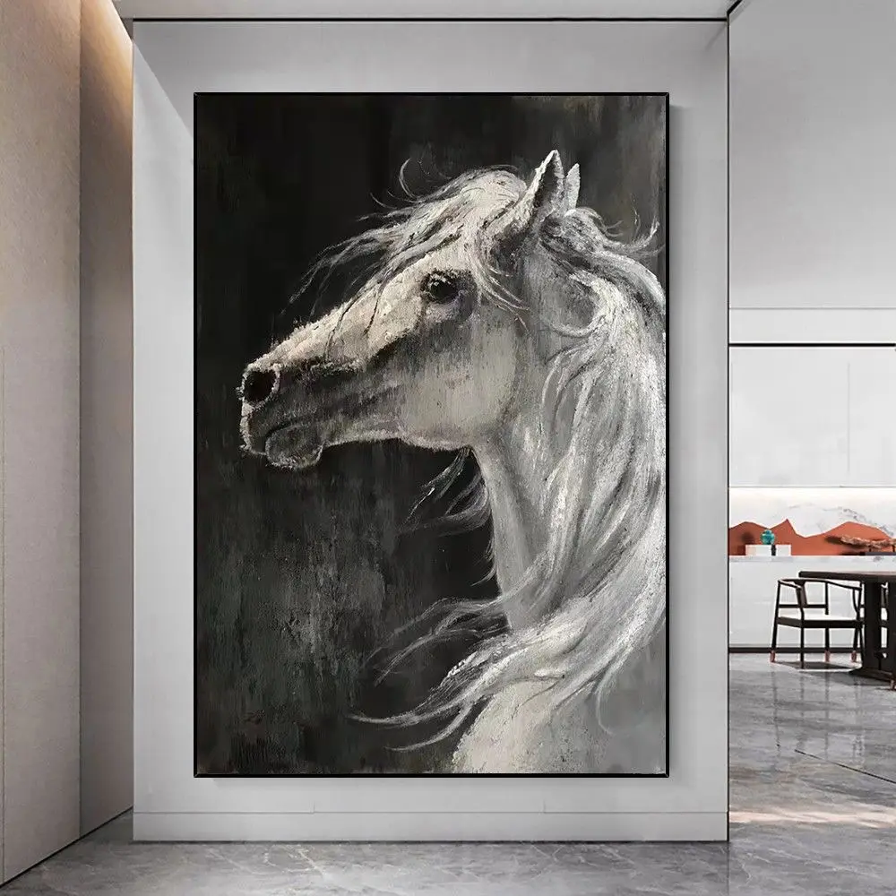 Lienzo con textura de caballo abstracto hecho a mano, pinturas al óleo de animales de gran tamaño, arte de pared, decoración para sala de estar