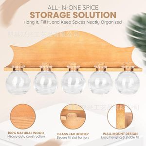 Wooden <b>Spice</b> <b>Rack</b> Wall Mounted <b>For</b> Kitchen Storage With Glass <b>Jars</b> And Labels - Product Image 5