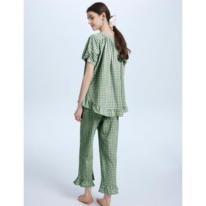 Womens Plaid 2 Piece Pajamas Set Gingham Button <b>Down</b> Short Sleeve Ruffle <b>Pants</b> Lounge Wear Sleepwear - Product Image 4