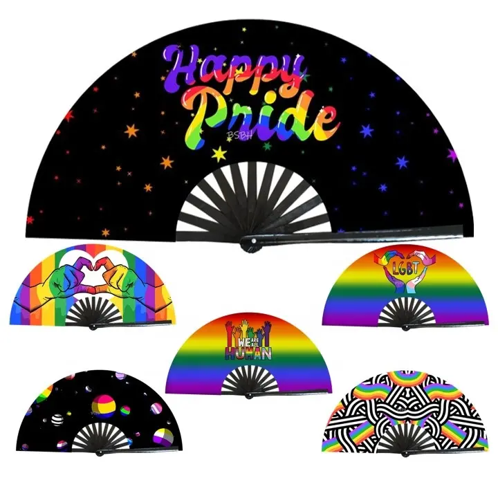 BSBH Custom Rainbow Pride 33CM Longitud Pride Lgbt Fiesta grande Soporte de bambú Abanicos de mano plegables