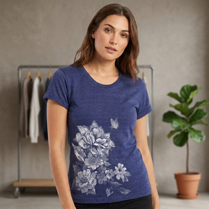 Camiseta de Algodón 100% con Estampado Floral Azul para Mujer, Cuello Redondo, Manga Corta, Corte Regular Informal, para Todas las Temporadas, Antiarrugas - Product Image 1