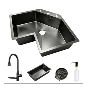 Lavello da Cucina Angolare in Acciaio Inox 304 Nero Nano, Set Completo con Rubinetto, Cestello di <span class=keywords><strong>Scarico</strong></span>, Dispenser Sapone e Accessori - Product Image 1