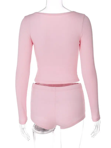 Bộ cổ chữ V màu đen phong cách gợi cảm phong cách Châu Âu & mỹ Áo ngắn tay khuy + Quần Short Cạp cao họa tiết màu trơn giản dị - Product Image 4