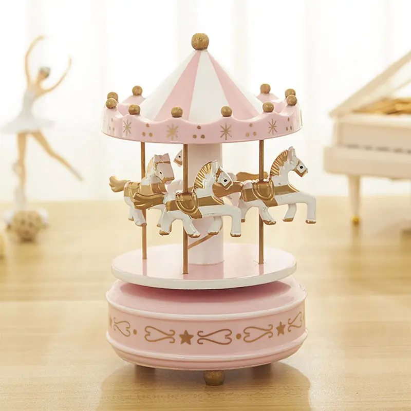 Different Colors Carousel Wooden Music Box Baby Shower Decorations Birthday Party Gifts for Kids Eco-friendly Souvenir Wood