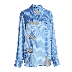 Oudina Trendy Modieus Polo Casual Streep Shirts Blouse Losse Tops Shirt Met Lange Mouwen Vrouwen