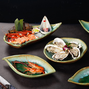 Plato para Sashimi XUANHUI, Plato de Hielo para Salmón de Alta Gama, Porcelana Japonesa con Diseño de Hoja, Apto para <span class=keywords><strong>Microondas</strong></span>, Vajilla Retro de Lujo Ligero para Mariscos - Product Image 1