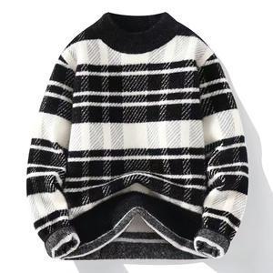 Vente en gros de pulls en laine confortables à col ras du cou pour hommes, tricots à blocs de couleurs rayés anti-rides, style chaud pour l'hiver - Product Image 3