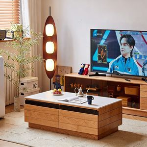 You Rong Coffee Table Nordic Solid Wood Stone <b>Top</b> Modern Large <b>Cherry</b> Wood Japanese Style Living Room Table - Product Image 1