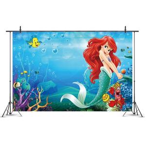 Fondale per Festa di Compleanno della Sirenetta 7x5ft, Sotto il Mare con Collana di Perle Scintillanti, Conchiglie e Banner per Tavolo Torta Viola - Product Image 5