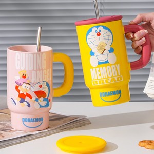 Doraemon Ceramic Ice <b>Cup</b> Extra Large Capacity With Straw <b>Insulated</b> For Women Gift Cartoon Design Pink Green Yellow - Product Image 3