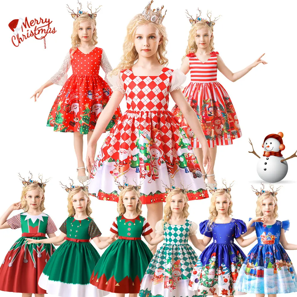Kids Holiday Party Clothes Girls Christmas Dress Fashion Children Prints Pattern Dresses