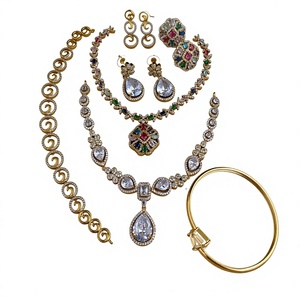 Luxury Brass Gold Plated Cz Zircon Multi Stone Necklace Earring Bracelet <b>Bangle</b> Combo Indian Bridal Jewelry <b>Set</b> - Product Image 1