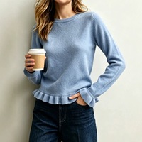 Pull-over tricoté uni à col rond et manches longues pour femme 2026, avec ourlet et poignets à volants, coupe ajustée, décontracté, doux et confortable