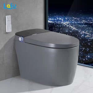 Toilette intelligente grise mate monobloc en céramique pour salle de bain, toilette intelligente, chasse automatique, siège avec télécommande, cuvette allongée et piège en S - Product Image 3