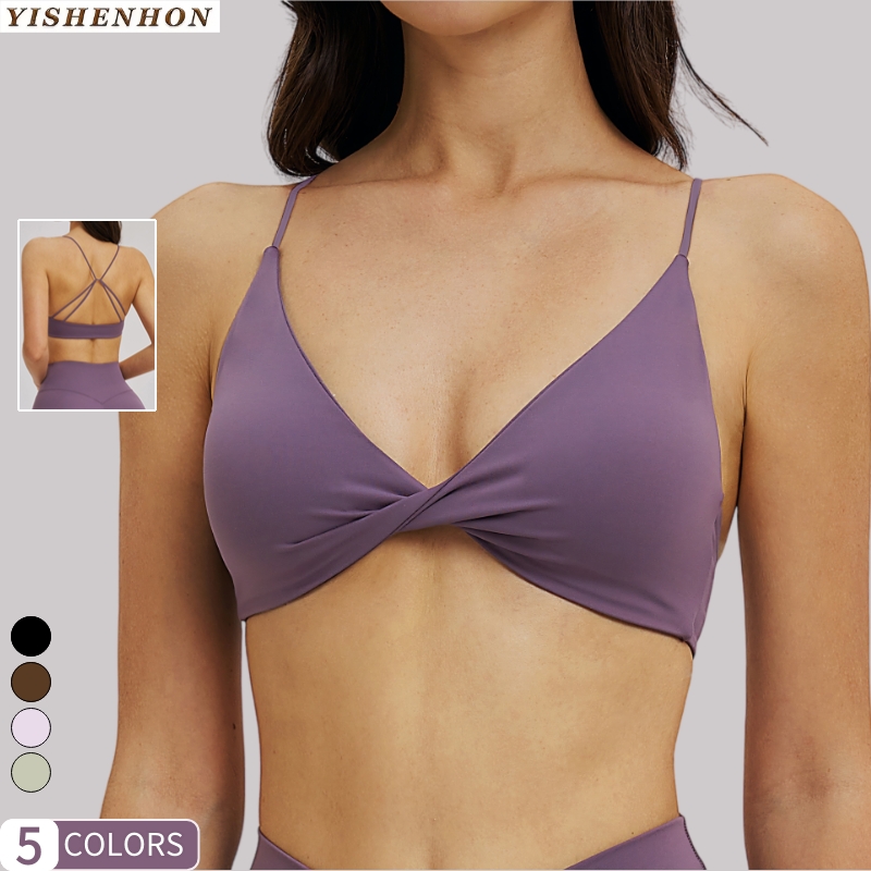 YSH Women's Workout V-neck Thin Strap Sports Bras Back Cross Fitness Backless Yoga Bra Breathable Exercise and Fitness Underwear