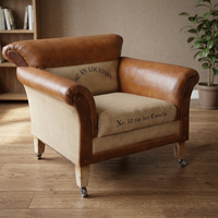 Fauteuil Chesterfield traditionnel en cuir véritable, revêtement en toile, pieds en bois, haute qualité pour salon, maison, hôtel