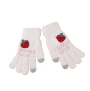 Women's warm gloves new winter lovely strawberry velvet thickened finger touch screen knit gloves
