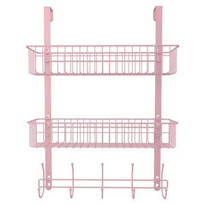 Pink Metal Wall Mount Hanger Spice Rack with 2 Mesh Storage Basket Rack Spice Rack for Bathroom Kitchen Storage Shelves Toilet