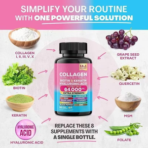 Complément de collagène 14-en-1 64000 MG avec <span class=keywords><strong>biotine</strong></span>, kératine, acide hyaluronique, 60 capsules végétales pour adultes, éclaircissement de la peau - Product Image 2