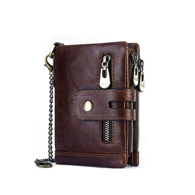 Men'S Small Short Genuine Leather Double Zipper Wallet Multi-Card Pocket Money Clip Coin Purse Card Holder Wallet With Chain