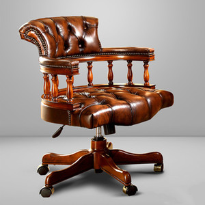 Chaise pivotante de bureau à domicile avec roulettes, base en bois, en cuir, américaine et européenne Chaise de bureau Boss réglable en hauteur. - Product Image 5