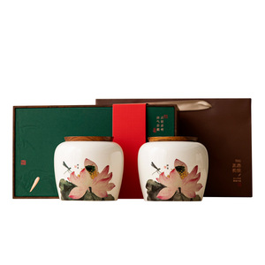 Recipiente de cerámica para té con patrón de loto, tapa de madera, gran capacidad, almacenamiento hermético para regalos de empresa - Product Image 5