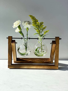 Hot Plant Terrarium With Wooden Stand 2 Bulb Vase Desktop Propagation Station Glass Indoor Hydroponics Air Plants - Product Image 2