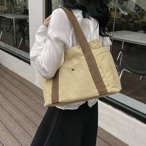 Tas bahu belanja dapat dipakai ulang polos tas <span class=keywords><strong>Tote</strong></span> kanvas Multi saku kapasitas besar Logo kustom untuk siswa kerja bepergian - Product Image 5