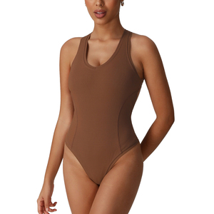 Body Sportivo da Donna ad Asciugatura Rapida, Compressivo ed Elastico con Spalline Incrociate, Design <span class=keywords><strong>a</strong></span> Collo <span class=keywords><strong>a</strong></span> U e Perizoma, <span class=keywords><strong>Tuta</strong></span> da Danza <span class=keywords><strong>a</strong></span> <span class=keywords><strong>Costine</strong></span> - Product Image 1