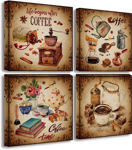 Wall Decor Vintage Coffee Poster Canvas Print Retro Brown 4 Panel Wall Paintings - Product Image 1