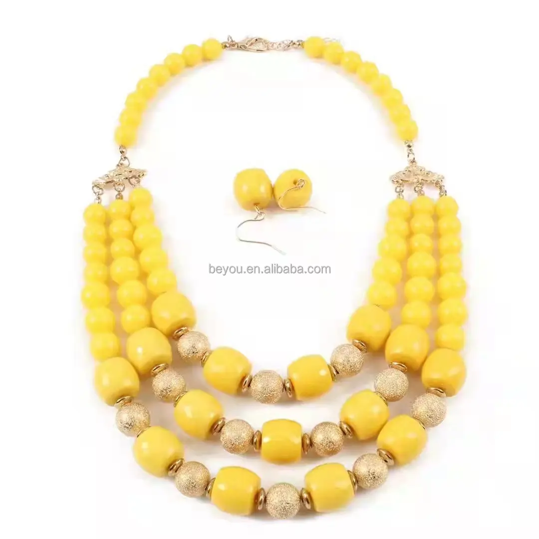 Yellow Gold Beaded Jewelry Set Exaggerated Multi-layered Colorful Pearl Necklace Earrings Vintage Accessories Wholesale