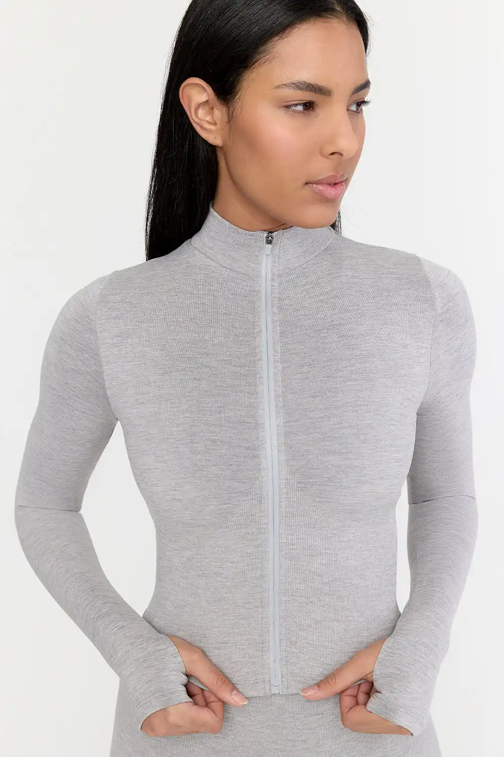 Wholesale Women Activewear Thumbhole Yoga Jackets Nylon Soft Ribbed Tops Seamless Slim Fit Zip Up Long Sleeve Fitness Jacket