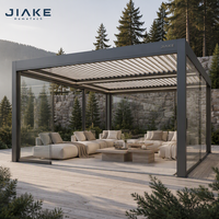 Pergola bioclimatique JIAKE gris foncé, pergola à lames motorisées en aluminium, entièrement vitrée et avec éclairage LED, abri résistant au vent sur mesure