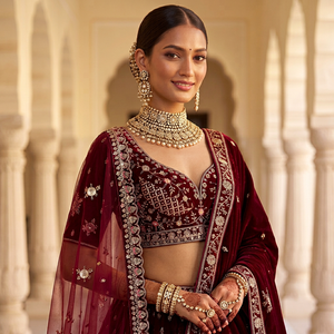 Conjunto de Lehenga con Top Corto de Terciopelo Granate con Cuentas y Dupatta, Estampado Floral en Tonos Caramelo, Sujetador Incorporado, Largo hasta el Suelo, Corte en A, para Dama de Honor 3025 - Product Image 1