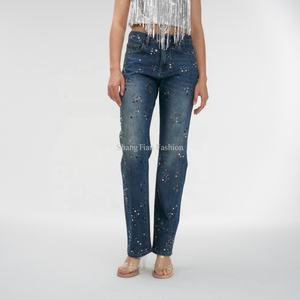 Jeans de Mezclilla Casuales para Mujer, Diseño Personalizado de Fábrica, con Cuentas Brillantes, Cintura Alta, Pierna Ancha y Larga - Product Image 2
