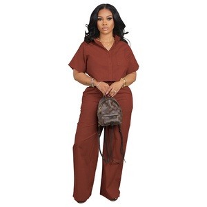 Oversize 2025 Summer Fashion Women's 2-Piece Outfit Daily Wear Cropped Lapel Shirt Solid Pattern Short <b>Pant</b> Trending Plain Dyed - Product Image 4
