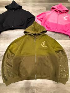 Sweat à capuche zippé pour homme, coupe ample et oversize, en molleton 100% coton, avec logo personnalisé imprimé, strass et effet délavé vintage - Product Image 5