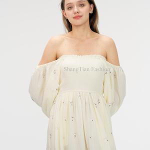 ชุดเดรสฤดูร้อนสำหรับผู้หญิง สีพื้น แขนยาวพอง ไหล่เดี่ยว รัดเอว เปิดหลัง ทรงเอไลน์ ระบายอากาศได้ดี ชุดเดรสยาว - Product Image 5